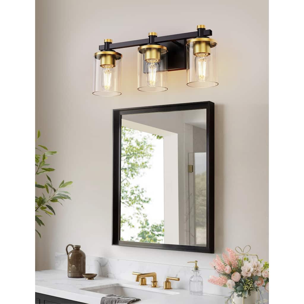 YANSUN 3-Light Vanity Light with Clear Cylindrical Glass Shades for Modern Bathrooms Black and Gold Finish Square Base and Rods