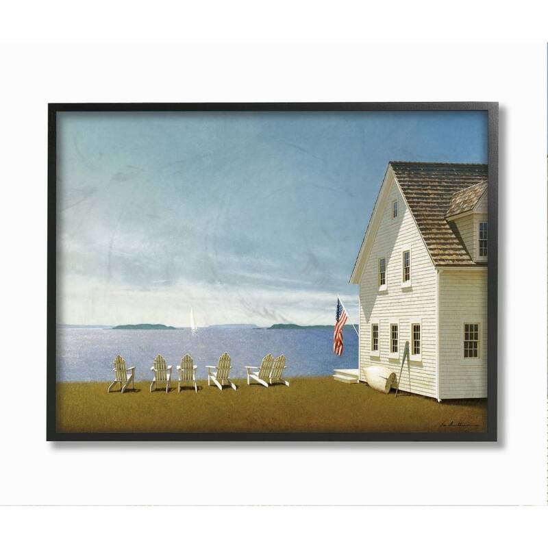 Stupell Americana Cape House Coastal Landscape Charm Painting Framed Wall Art - Multi-Color - 16 x 20 - Black