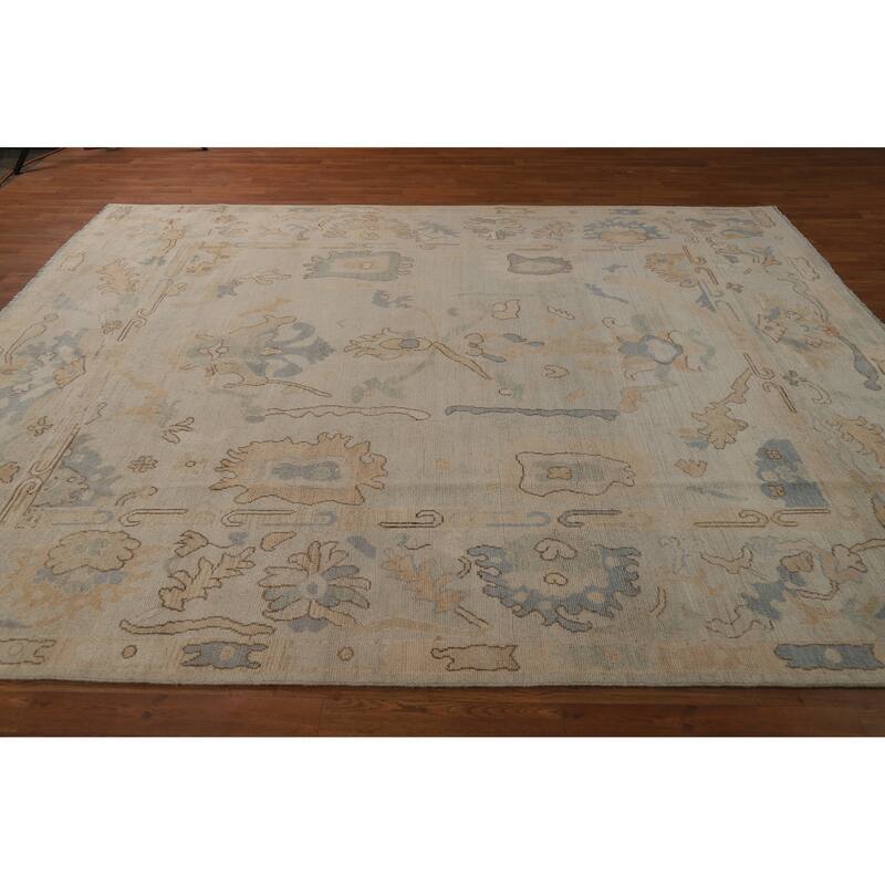 Transitional Beige Oushak Turkish Area Rug Hand-Knotted Wool Carpet - 7'11"x 9'11"
