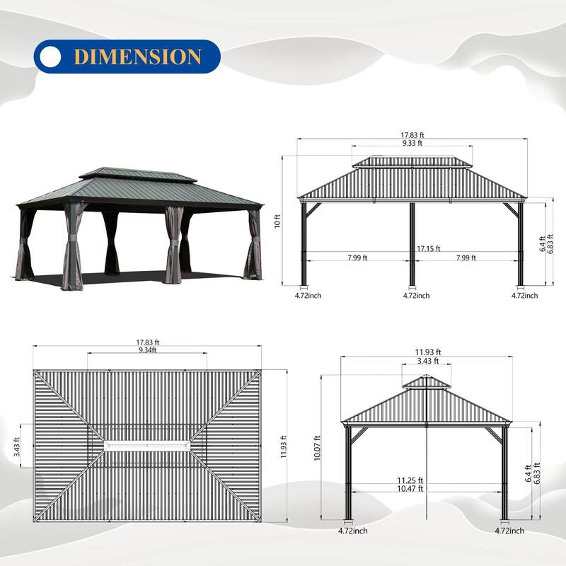 12' X 18' Hardtop Gazebo with Galvanized Steel Double Roof, Aluminum Frame, Curtains and Netting for Patio, Deck, Garden, Grey