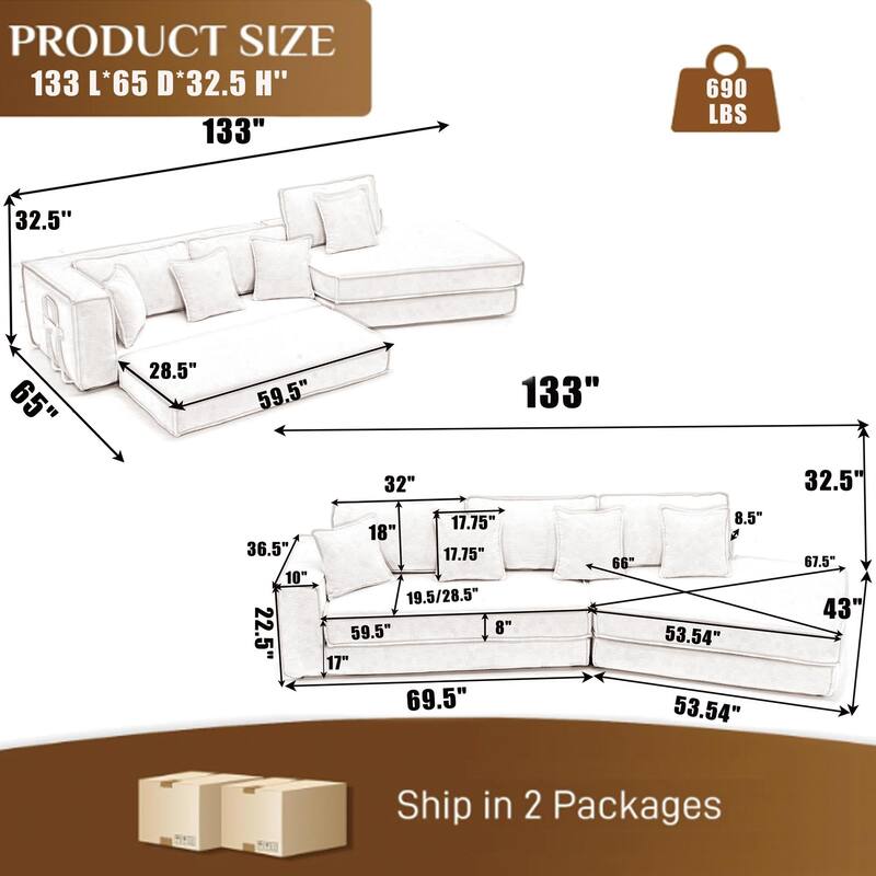 133" Lamb Velvet Convertible Sectional Sleeper Sofa with 7 Pillows