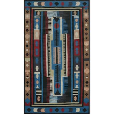 Hand Woven Oriental 100% Wool Carpet Southwestern Tribal Navy Blue & Blues Kilim Area Rug - 9' 11'' X 5' 4''