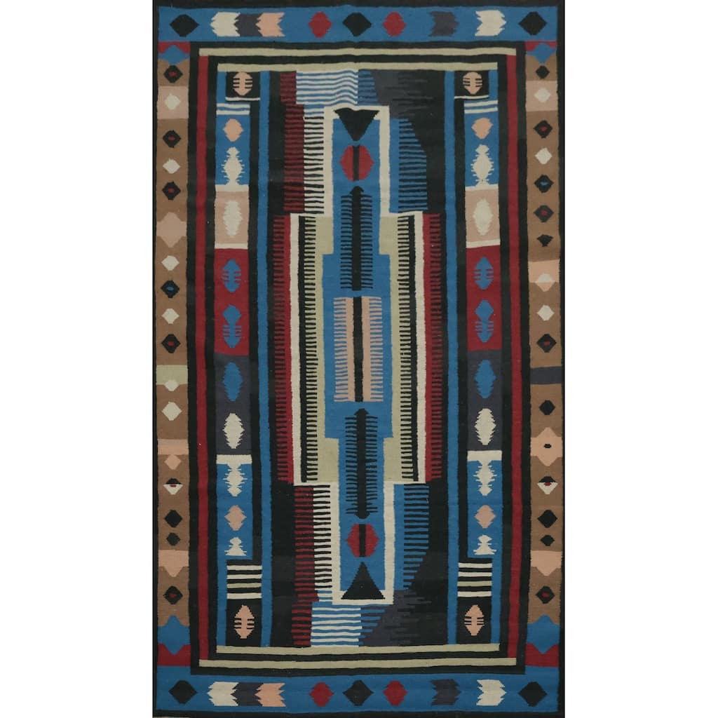 Hand Woven Oriental 100% Wool Carpet Southwestern Tribal Navy Blue & Blues Kilim Area Rug - 9' 11'' X 5' 4''