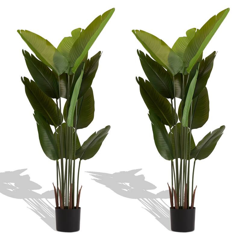 Artificial Bird of Paradise Plant, 5.2ft Tall Faux Tropical Palm Tree in Pot for Indoor or Outdoor 2pcs/set - Green