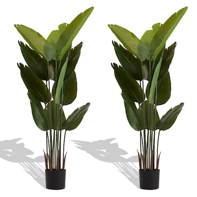 Artificial Bird of Paradise Plant, 5.2ft Tall Faux Tropical Palm Tree in Pot for Indoor or Outdoor Home, 2pcs/set