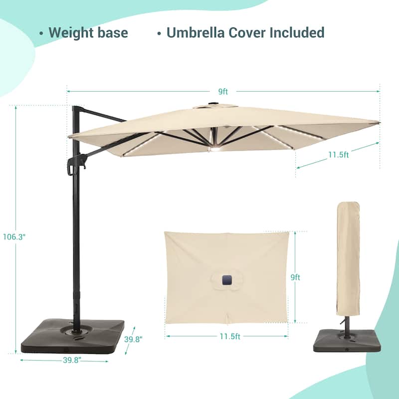 LIVOOSUN 11.5x9FT LED Cantilever Patio Umbrella Solution-Dyed Fabric w/Base