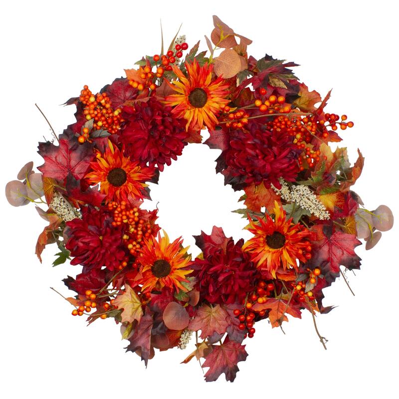Leaves and Flowers Fall Harvest Wreath - 24-Inch Unlit - 24"
