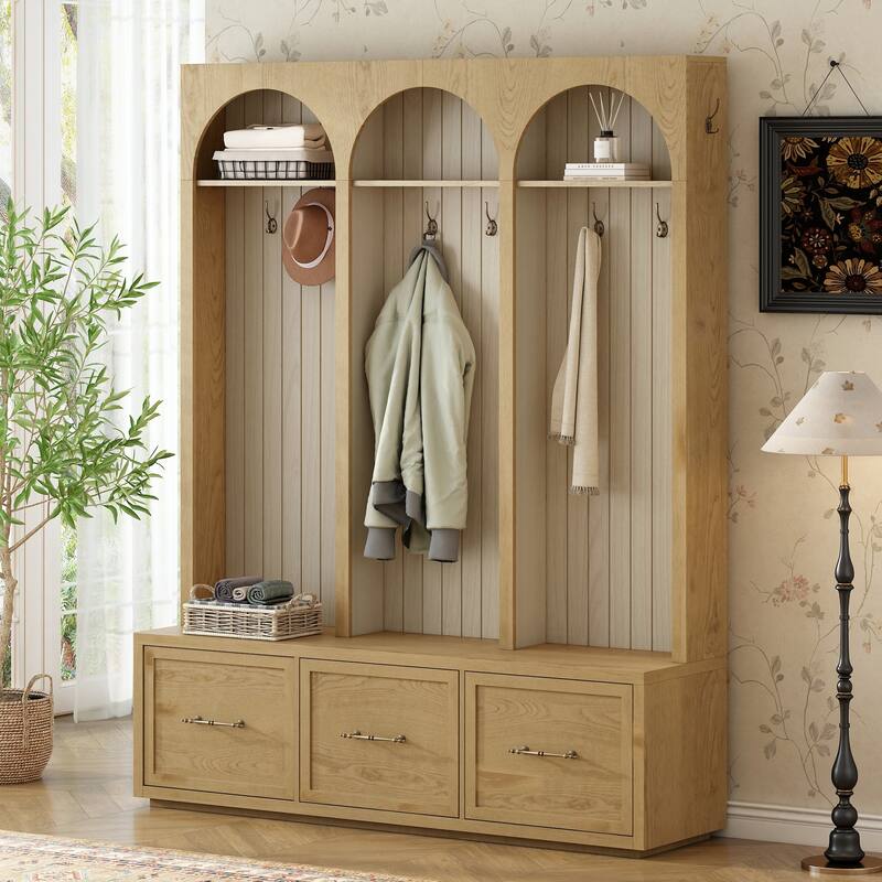 Farmhouse Hall Tree Bench with Arched Design, 8 Hooks & 3 Storage Drawers, 59" Wide Entryway Coat Rack
