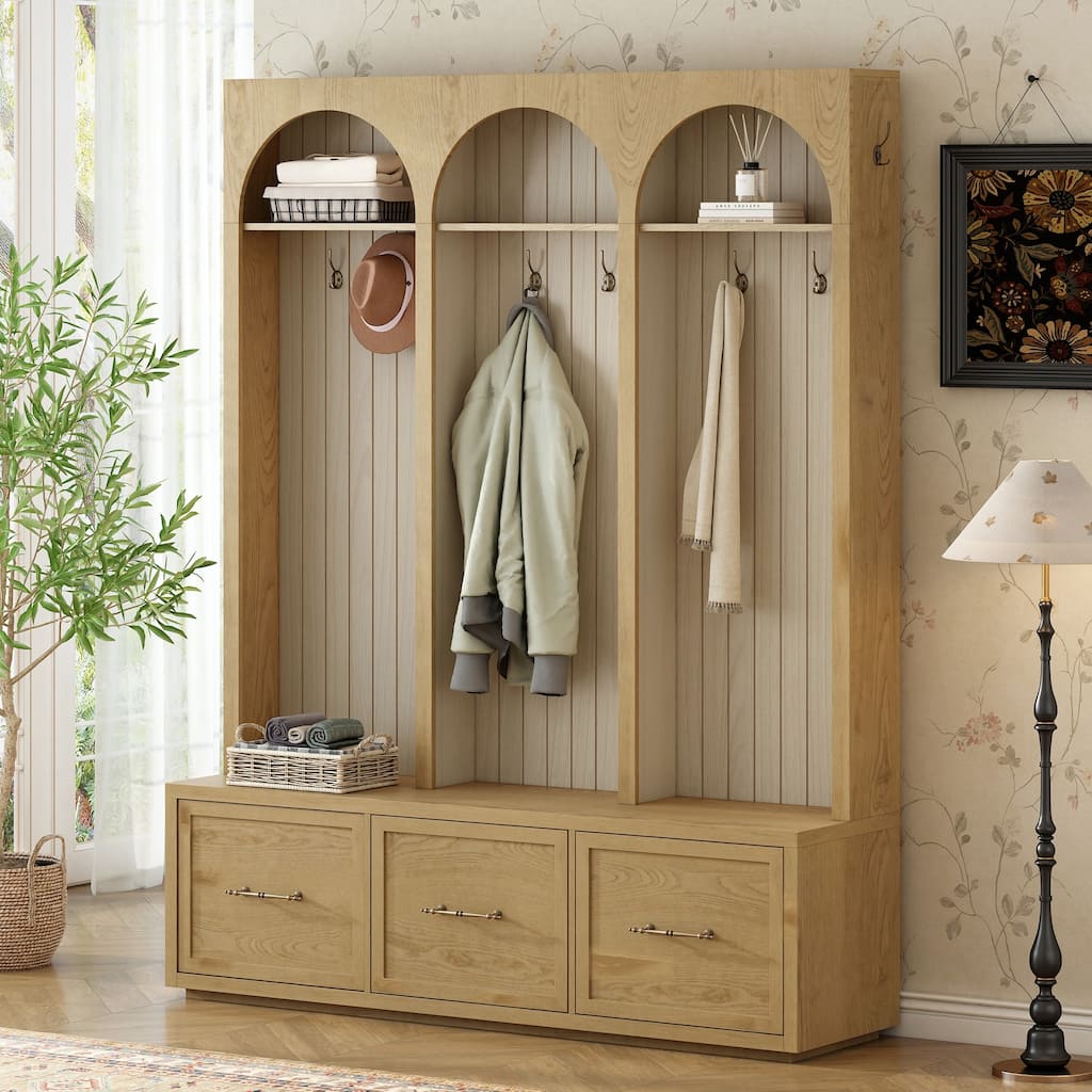 Farmhouse Hall Tree with 3 Drawers and 8 Hooks Oak Wood Bench and Coat Rack