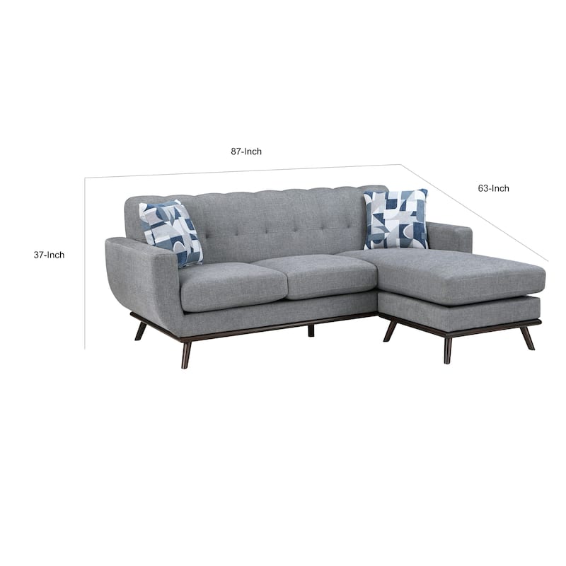 Keto 87 Inch Reversible L Shape Sofa With Chaise, 2 Pillows, Gray Chenille