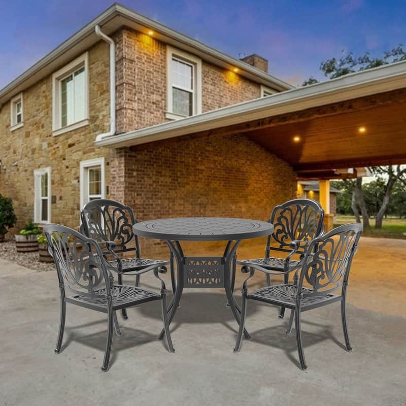 5-Piece Cast Aluminum Outdoor Dining Set with 39.37 in. Round Table and Seat Cushions