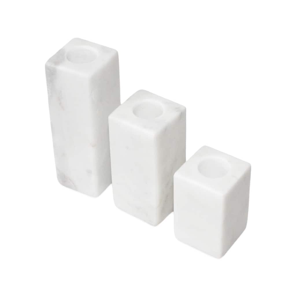 Set of 3 White Marble Taper Candle Holders - White