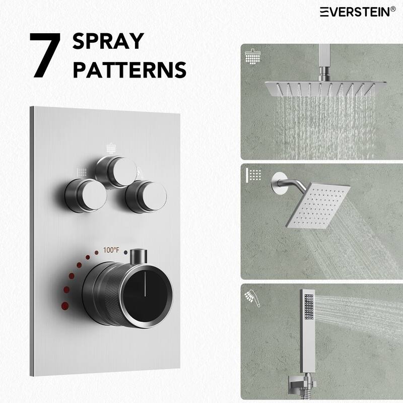 2 Pack Dual Heads 12" Rainfall & High Pressure 6" Shower System with 3 Way Thermostatic Faucet