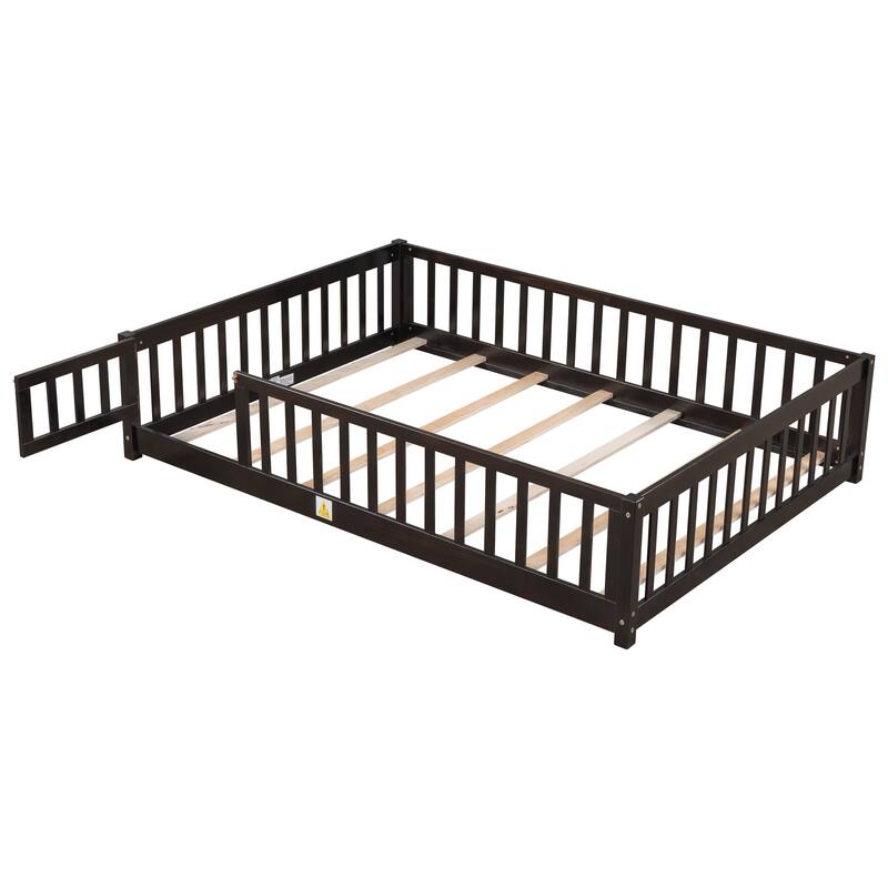 Full Size Floor Bed with Fence and Door, Rubber Wood Floor Bed with Safety Guardrails