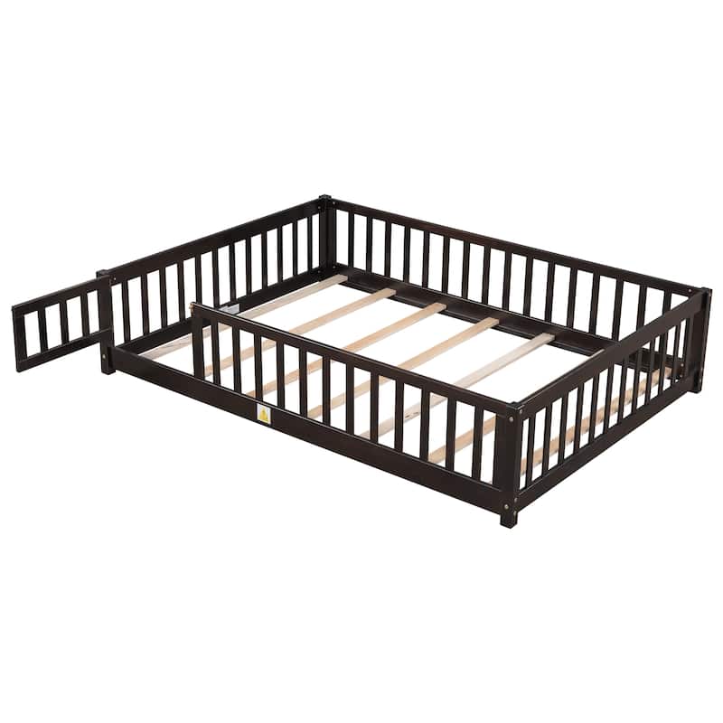 Full size Floor Platform Bed with Fence and Door for kids, toddlers