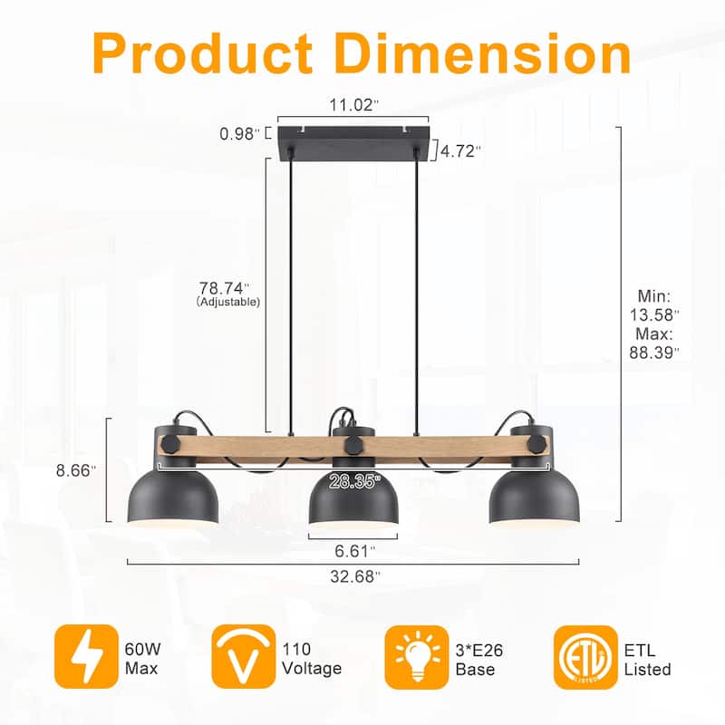3-Light Industrial Linear Kitchen Island Pendant Light Dome Shades - Dia.32.68-in