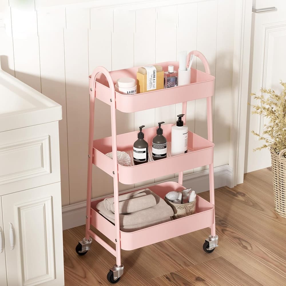 3 Tier Utility Rolling Cart, Metal Storage Cart, Storage Organizer Trolley for Kitchen, Living Room, Office, Garage