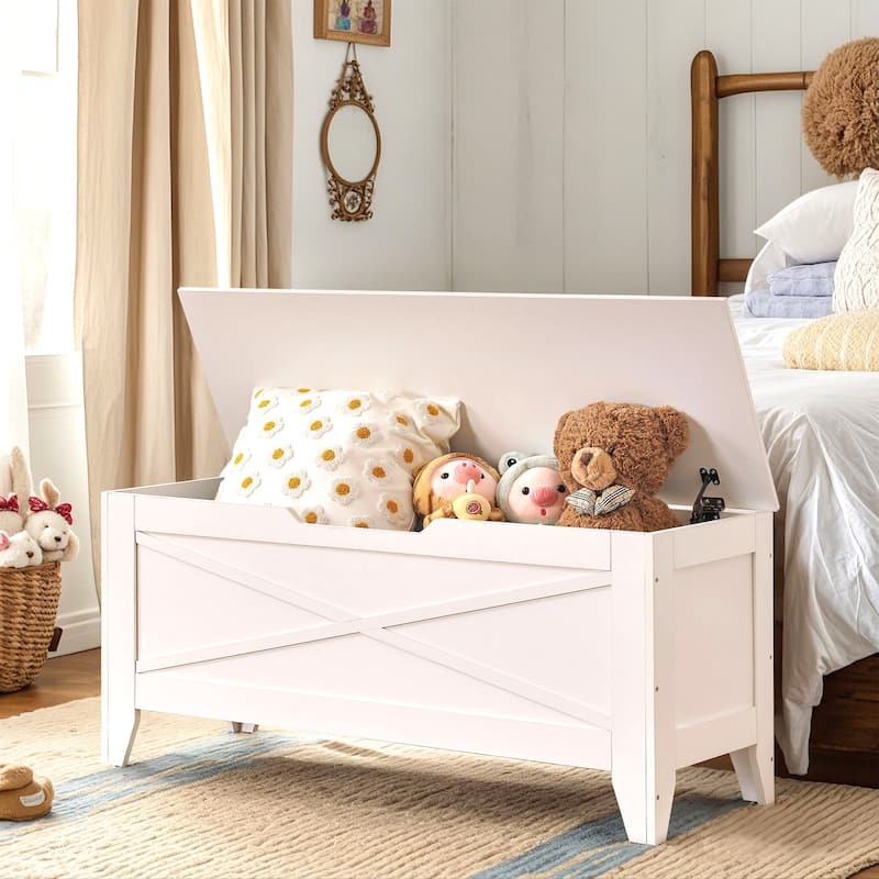 VECELO Storage Bench, Wooden Chest for Storage with Wicker Mat Safety Hinges,Entryway Shoe Bench Storage Trunk Industrial Style