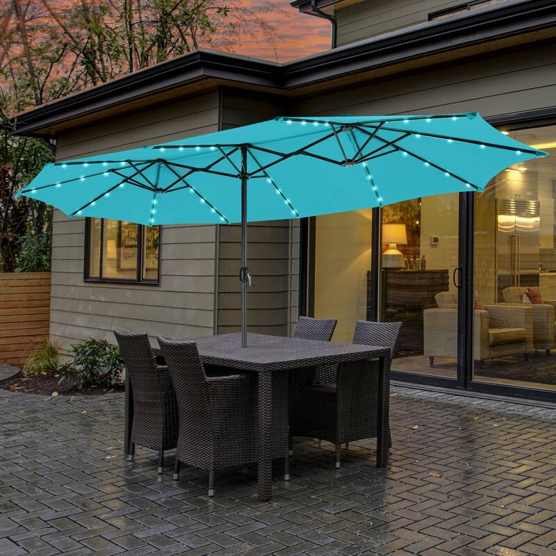 15ft Twin Outdoor Patio Umbrella with 48 Solar LED Lights and Crank - Turquoise