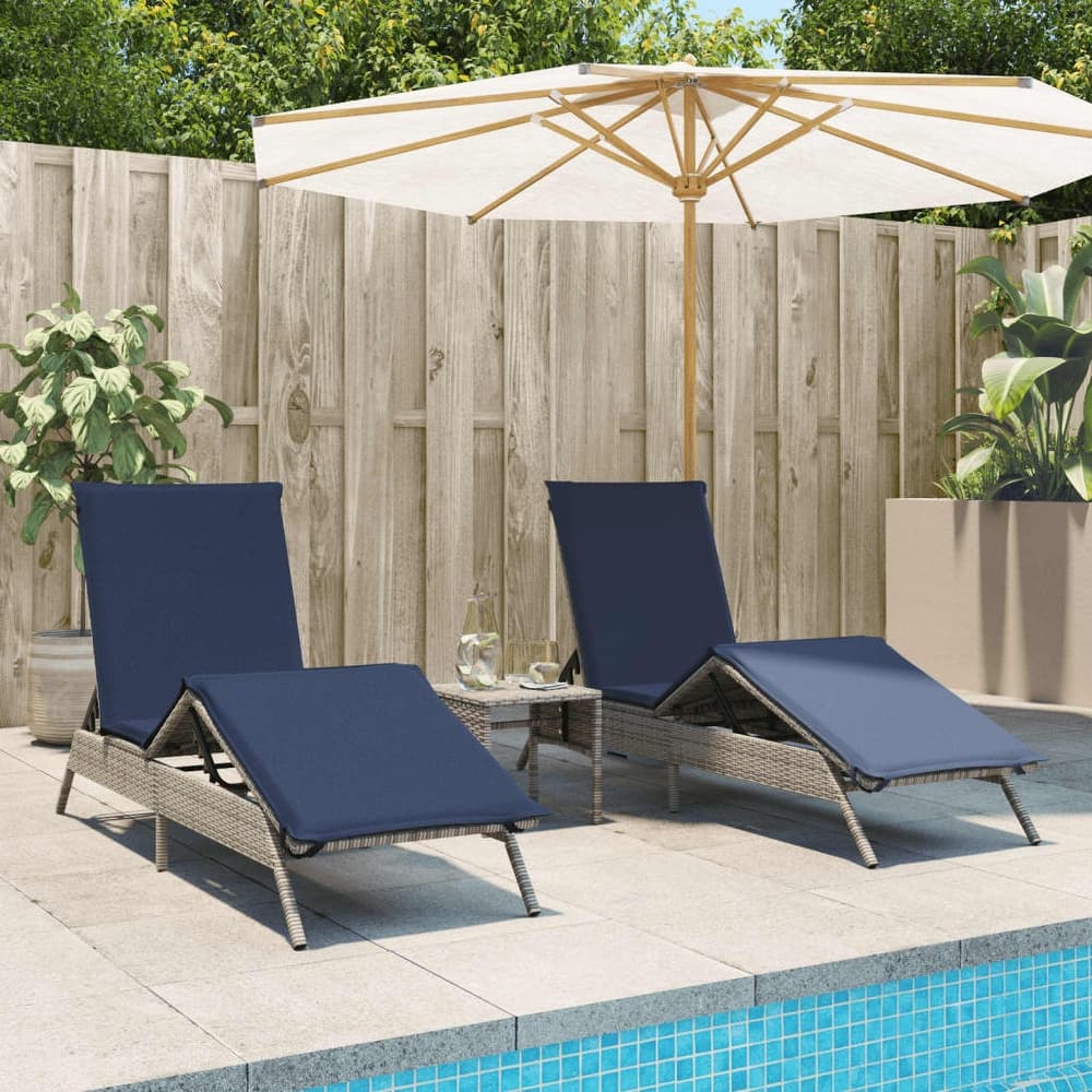 vidaXL Sun Loungers with Table Chaise Lounge 2 Pcs Poly Rattan Brown/Gray/Black - 23.2 x 78.7 x 33.5