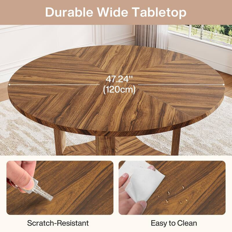 Farmhouse 47-Inch Round Dining Table, 2 Tier Dining Room Table for Living Room, Kitchen