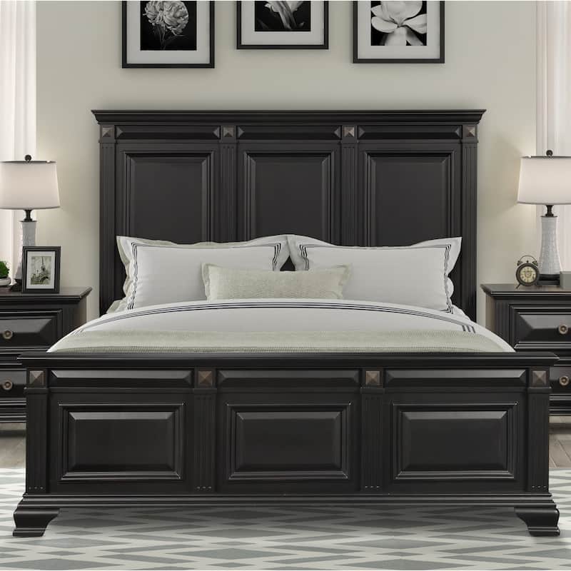 Roundhill Furniture Renova Vintage Black Wood Bedroom Set, Panel Bed, Dresser, Mirror, Two Nightstands