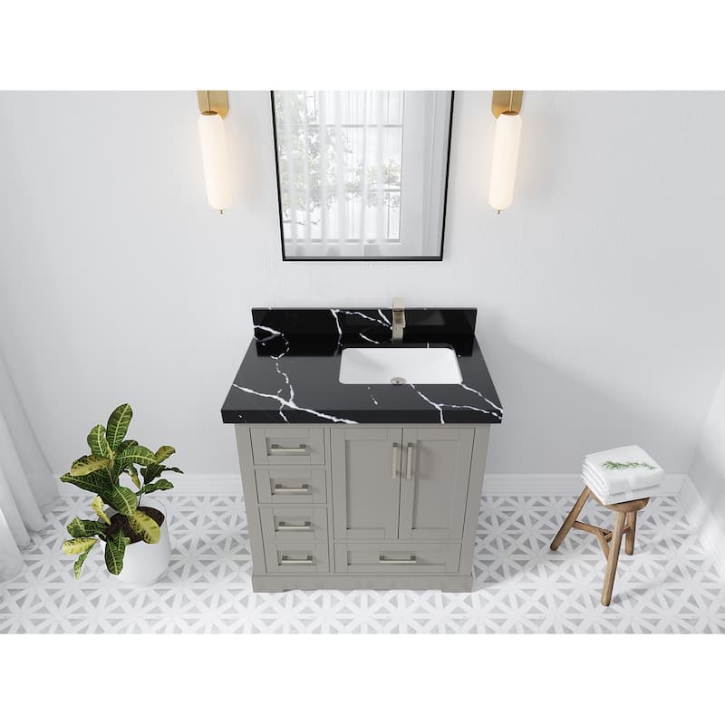 Willow Collections 36 x 22 Boston Right Offset Sink Bathroom Vanity with Quartz or Marble Countertop - 2"Calacatta Black - Elephant Skin Gray