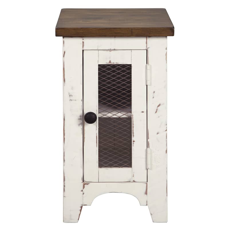 Two Tone Chair Side End Table with Wire Metal Grill Cabinet,Brown and White