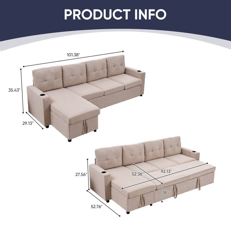 Mixoy 101"Linen 4-Seater Modular Sofa with Storage Chaise,Sleeper Sofa with Pull-out Bed