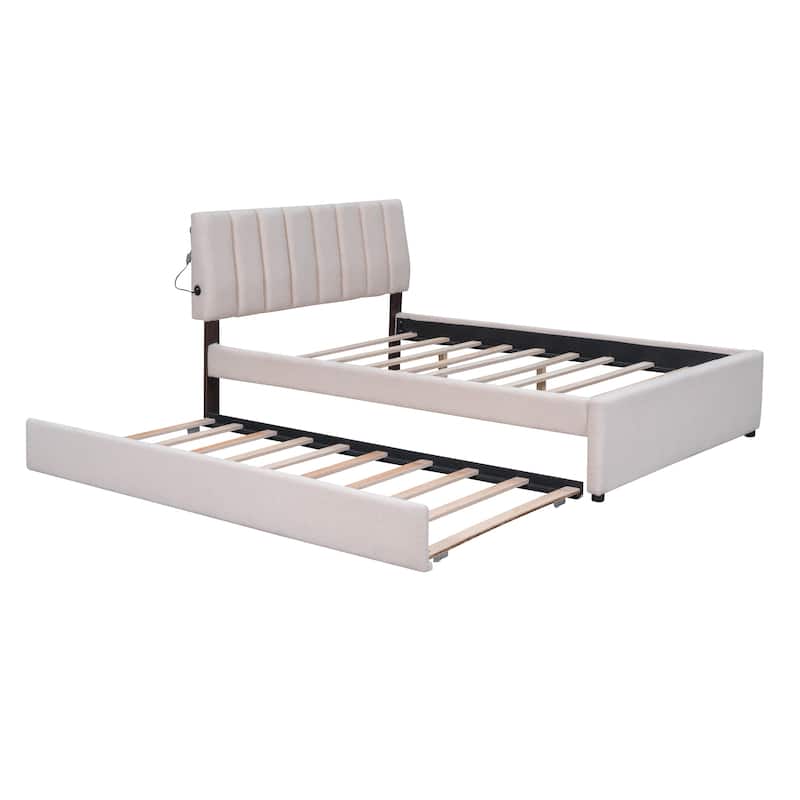 Full Size Teddy Fleece Platform Bed with Trundle Upholstered Bed Frame & Tufted Headboard Bunk Bed, Space-Saving, Easy Assembly