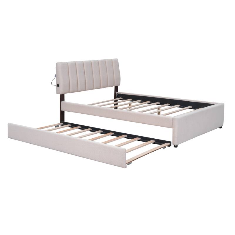 Teddy Fleece Upholstered Platform Bed with Remote Control LED Lights Stripe Headboard, Panel Bed w/Pull-out Trundle Bed