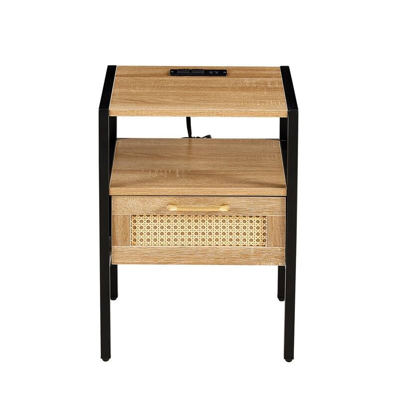 15.75" Modern Rattan End Table with Charging Station Nightstand with Drawer Metal Legs Side Table