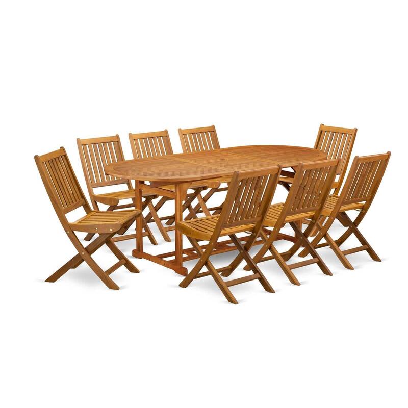 HomeStock 9-Piece Round Natural Oak Finish Solid Wood Top Dining Table with 8-Chairs with Slat Back