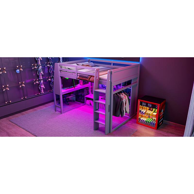 Roomfitters Twin/Full Gaming Loft Bed with Desk, Hanging Rack and LED Lights, Black and Red
