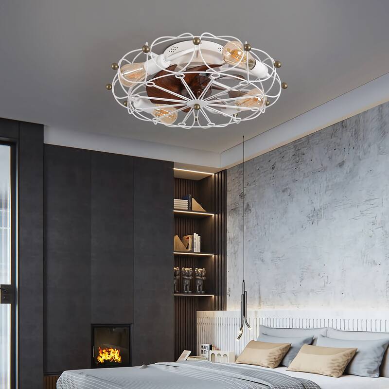 Modern Flush Mount Ceiling Fan Light with Light and Remote Control, Cage Design for Bedroom and Living Room