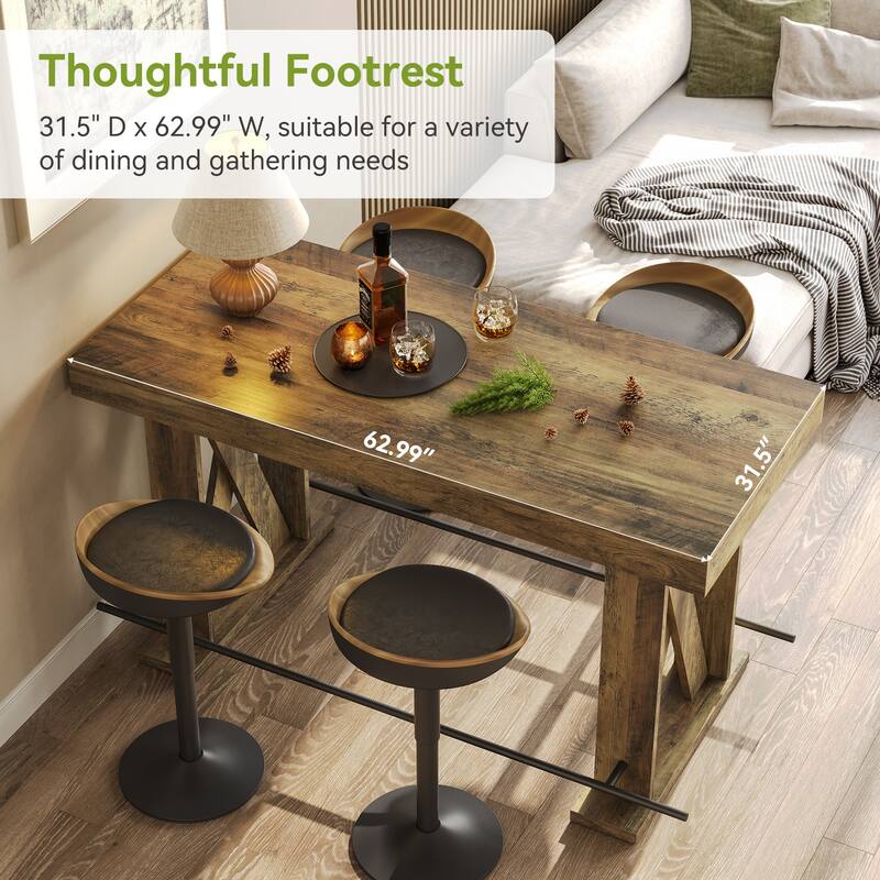 63 Inch Bar Table Counter Height Pub Table with Metal Footrest - 31.5" D x 62.99" W x 39.37" H