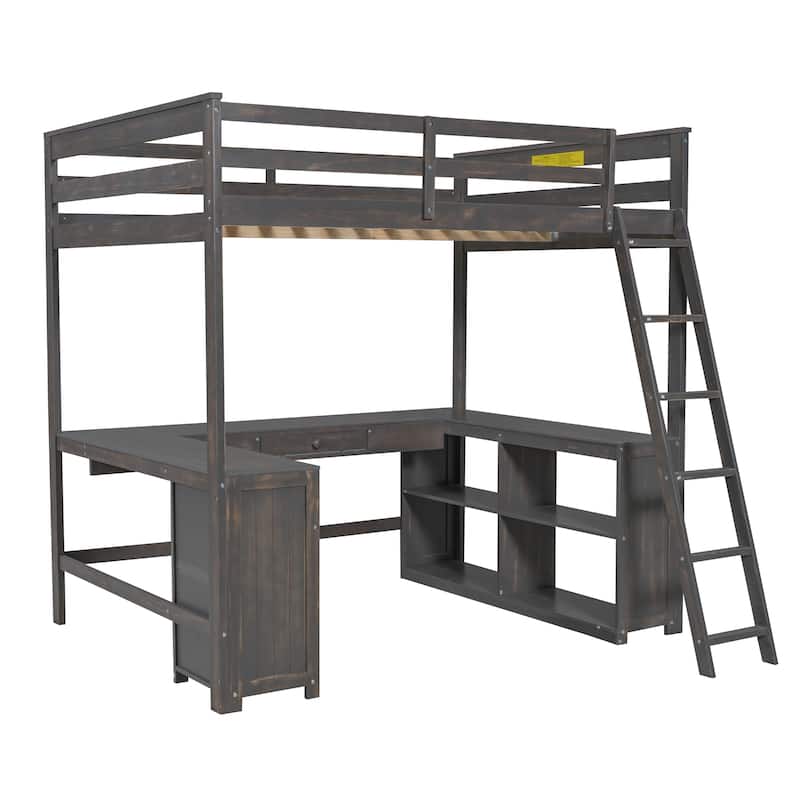 Full Loft Bed with U-Shaped Desk, Storage Drawers, Shelves, and Guardrails, Perfect for Kids and Teens, No Box Spring Needed