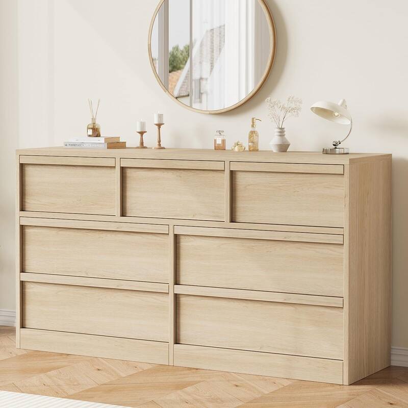 6/7/8 Drawer Dresser for Bedroom, 54" Wide Modern Double Dresser Organizer with Concave Handles - Natural+black