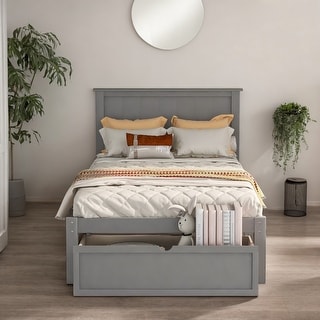 WoodenTwin Size Platform Kids Bed Frame with Under-bed Drawers, Extra Storage, 2-Extra Legs for Stability, Easy Assembly, Grey