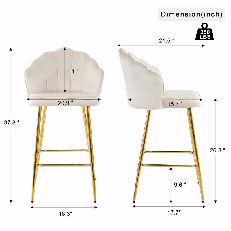 Set of 2 Velvet Shell Bar Chairs with Gold-Plated Metal Legs