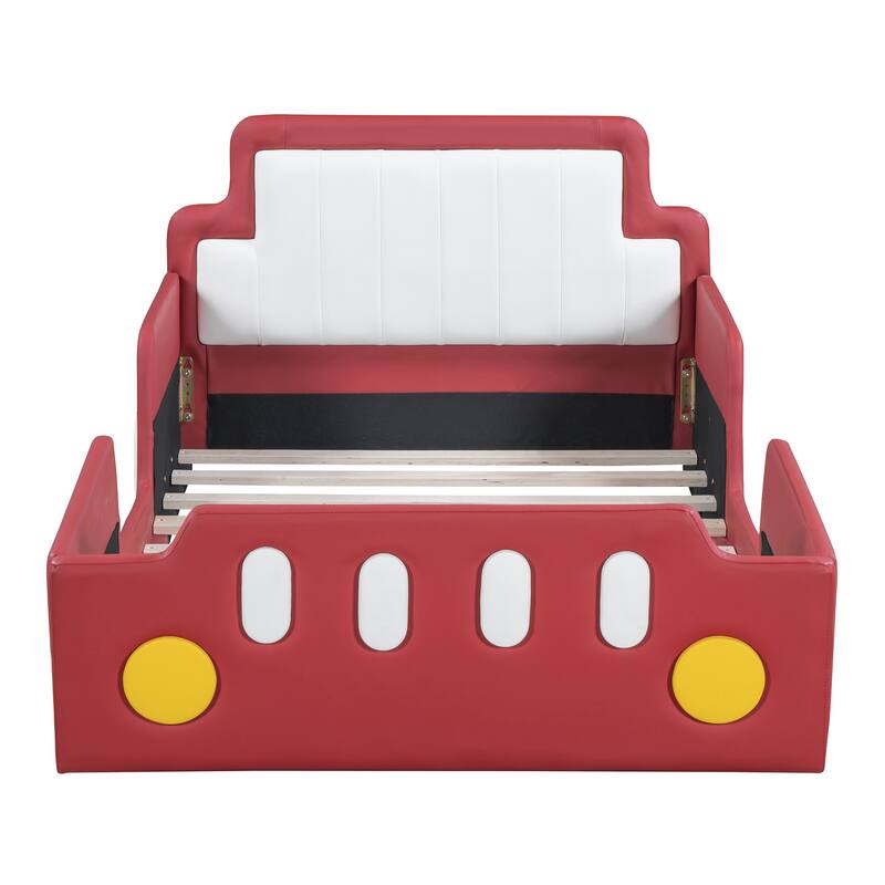 Twin Race Car Bed with Wheels, High-Quality PU Leather Upholstery, Safety Rails, and Durable Design, Perfect for Kids