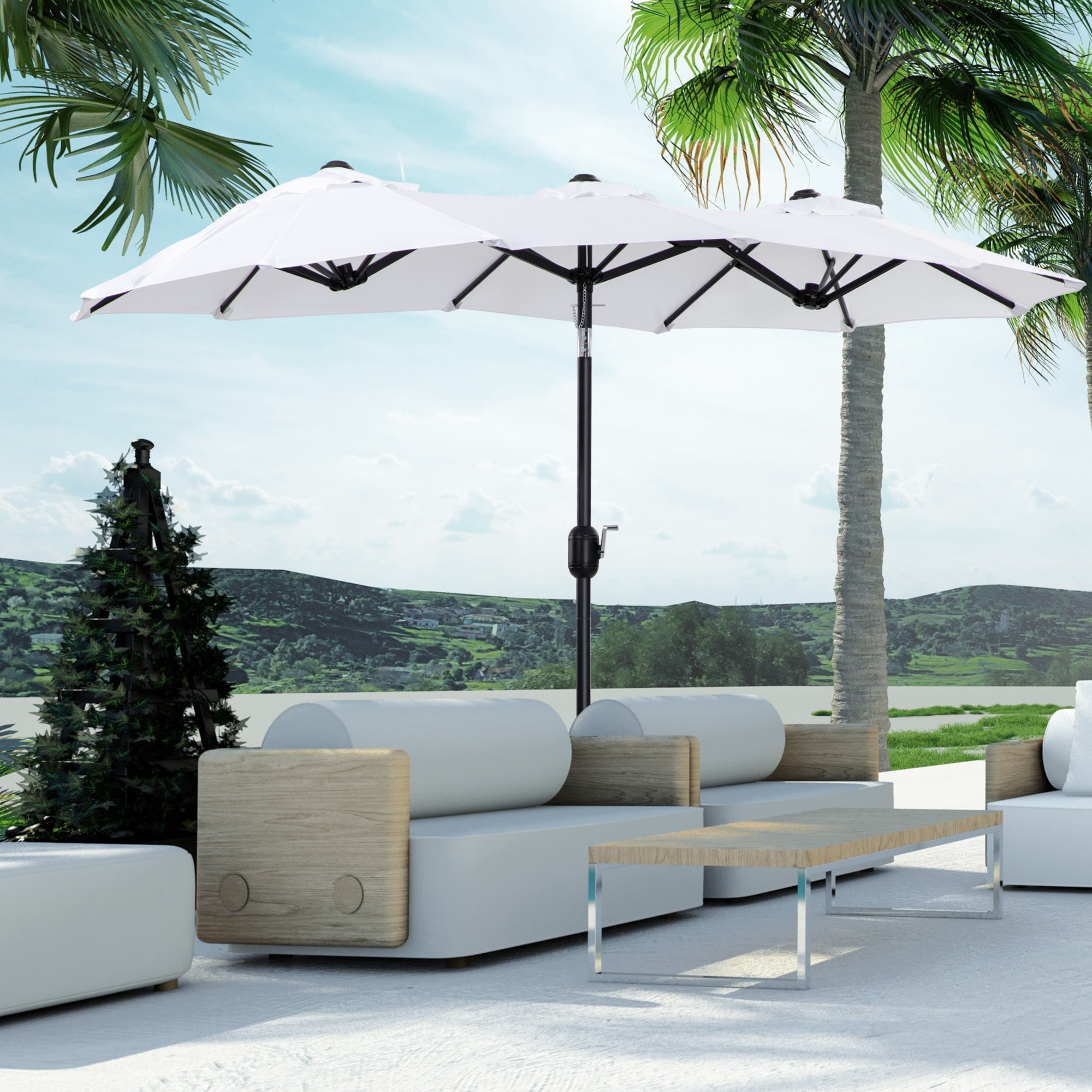 Outsunny Double-sided Patio Umbrella 9.5' Large Outdoor Market Umbrella with Push Button Tilt and Crank, 3 Air Vents and 12 Ribs