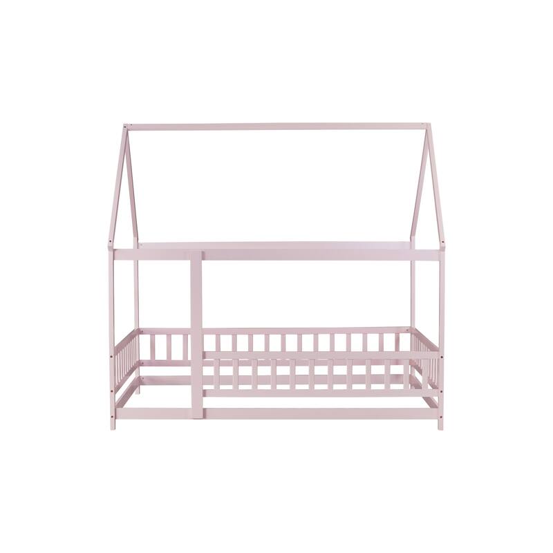 Full Size House Floor Wooden Bed with Roof Frame, Safety Guardrails