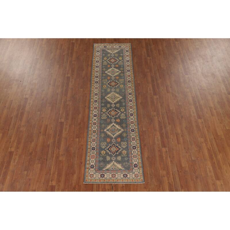 Gray Kazak Runner Rug Hand-Knotted Wool Carpet - 2'7" x 9'7"