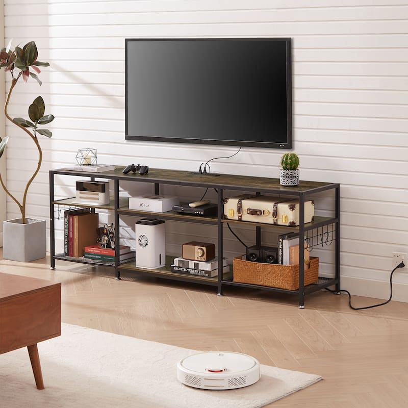 VECELO Wood TV Stand with Charging Station with Metal Frame, Storage Shelves Entertainment Center TV Cabinet