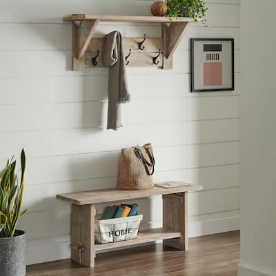 Castleton Mango Wood 40"W Bench and Coat Hook with Shelf