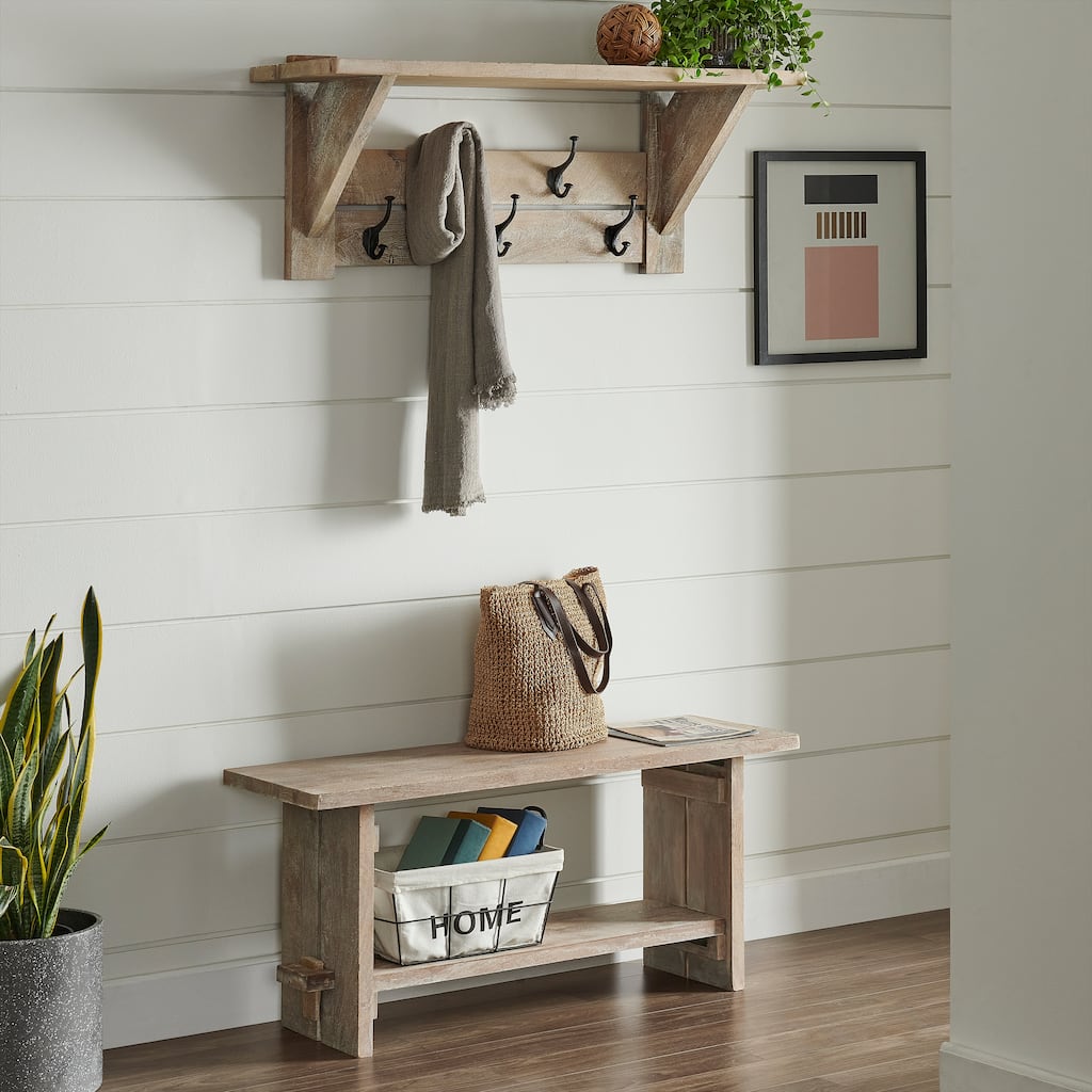 Castleton Mango Wood 40"W Bench and Coat Hook with Shelf