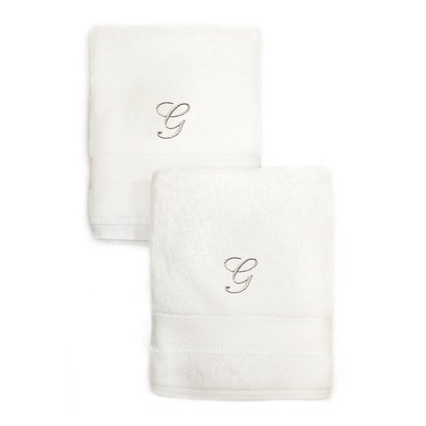 Authentic Hotel and Spa 2-piece White Turkish Cotton Hand Towels with Silver Script Monogrammed Initial - White - G