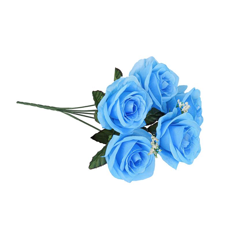 Set of 12 Blue Artificial Open Rose Flower Stem Bush Bouquet 14in - 14" L x 7" W x 7" DP