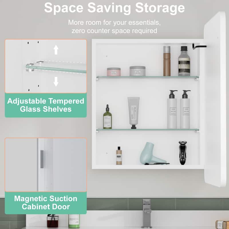 Milo LED Iron Medicine Cabinet with Mirror, Dimmable, Anti-fog, Adjustable Glass Shelves, Recessed or Surface Mount